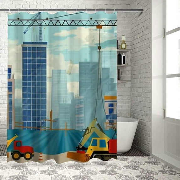 Orinice Construction Vehicles Bathroom Decor Set - Colorful Luxurious Graphic Print Polyester Fabric Shower Curtain Set with Hooks 36x72