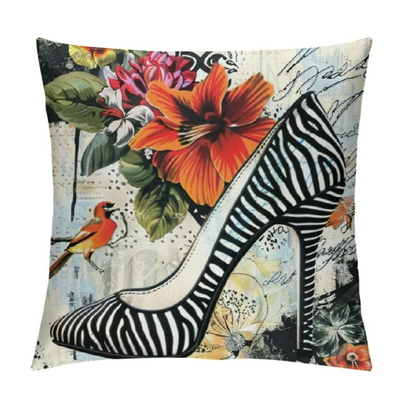 Orinice Cotton Linen Square Decorative Personalized Throw Pillow Case Cushion Cover Hibiscus Flower Black and White Zebra Pattern High Heel Shoe White