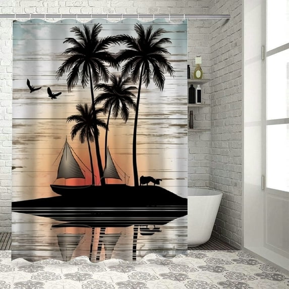 Orinice Country Nature Summer Shower Curtain for Bathroom,Butterfly and Palm Tree Saioat Fabric Shower Curtain with Hooks,Vintage Wood Board Bathroom Curtain Shower Set, 69x72