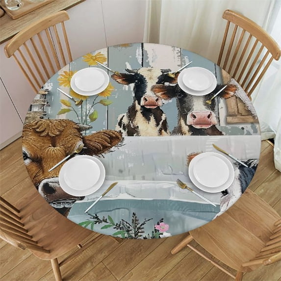 Orinice Cow Animals Bathroom Round Table Cover Stain Resistant Washable Indoor Outdoor Kitchen Dining Wedding Parties Tablecloth 100% Polyester Fiber 31-35
