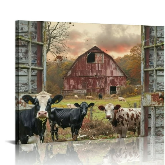 Orinice Cow Pictures Wall Decor Farmhouse Cow Paintings Rustic Country Animal Canvas Wall Decor Prints Modern Picture Decor for Living Room Bathroom Kitchen Framed 16x12in