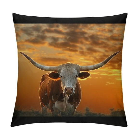 Orinice Cow with Long Horns at Sunset Graphic Decorative Pillow Cover for Home Couch Living Room Sofa - Aesthetic Decor 1PC 18x18in