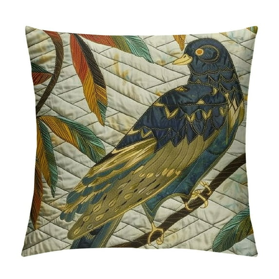 Orinice Cushion Cover, Green Throw Pillows, Linen Macau Bird, Applique & Jute Embroidery Throw Pillows for Couch, Nature & Floral Pattern Contemporary Style - Macau Beauty