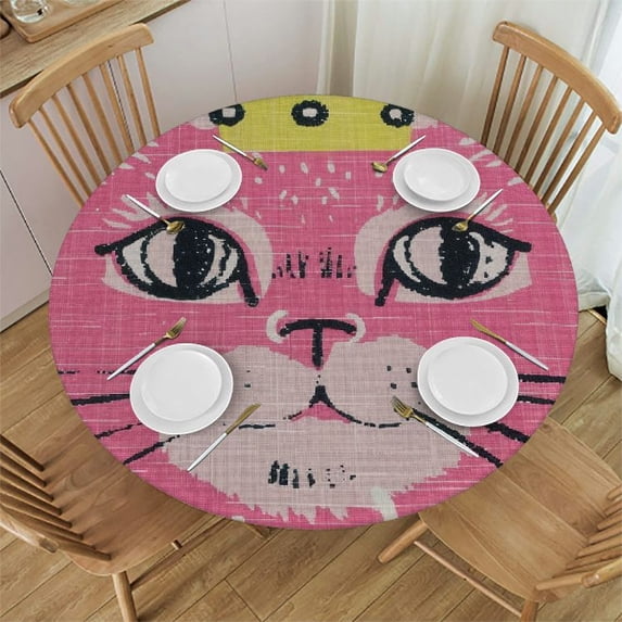 Orinice Cute Cat Round Table Cover Stain Resistant Washable Indoor Outdoor Tablecloth Kitchen Dining Wedding Parties Picnic Camping 100% Polyester Mother's Day 46-50