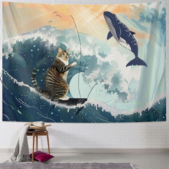 Orinice Cute Cat Whale Ocean Tapestry Wall Hanging Unique Style for Home Wall Decor Art in Living Room Bedroom Apartment Farmhouse Dorm 60x50inch
