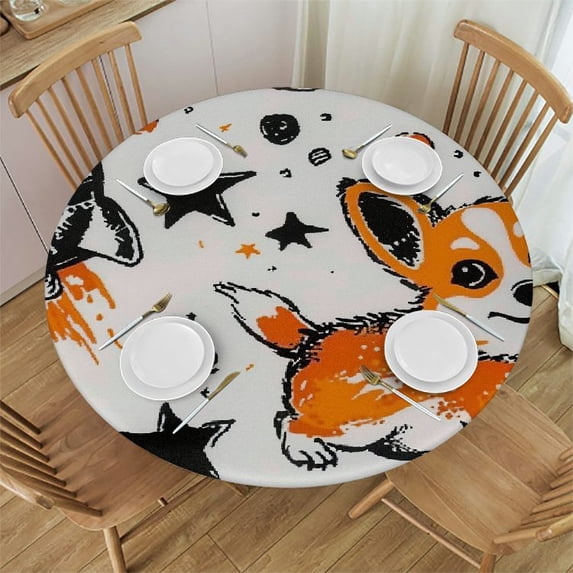 Orinice Cute Corgi Rockets Stars Round Table Cover Stain Resistant Washable Indoor Outdoor Tablecloth Kitchen Dining Wedding Parties Table Cloth 100% Polyester Fiber 46-50