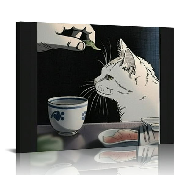Orinice  Cute Funny Japanese Cat Wall Art  Vintage Japanese Geisha Yelling at Cat Aesthetic  Fun Asian Anime Meme Prints Painting, Oriental Style Kitchen Wall Decor Unframed 16x12in