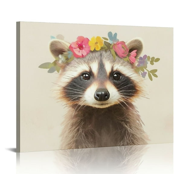 Orinice  Cute Raccoon Canvas Painting Retro Animal Portrait Wall Art Decor Funny Raccoon with Garland Picture Framed Safari Animal Art Printfor Nursery Kids Bedroom Home Decoration  20x16in