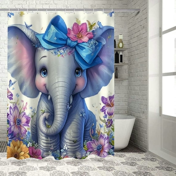 Orinice Cute baby elephant shower curtain purple butterfly flower spring shower curtain bathroom set fun elephant animal fabric waterproof shower curtain 69x72