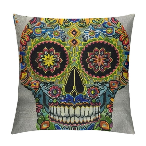 Orinice Day of The Dead Throw Pillow Cushion Cover, Dia de Los Muertos Celebration Skull with Style Paisley Details, Decorative Square Accent Pillow Case, White