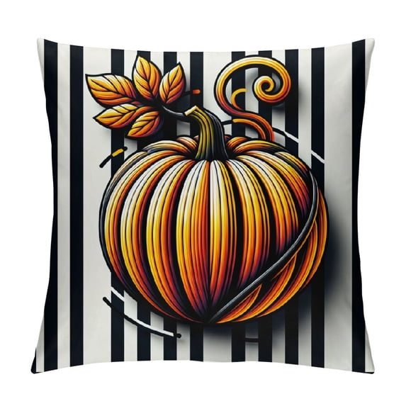 Orinice Decorative Throw Pillow Cover Square Size  Fall Black and White Stripe Pumpkin Cotton Decor Pillowcase with Hidden Zipper Decor Cushion Covers White
