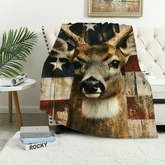 Orinice Deer American Flag Blanket Throw Blanket Lightweight Soft Plush Fuzzy Blankets for Bed Sofa Couch Livingroom Chair Car Travel Pet 40x50in