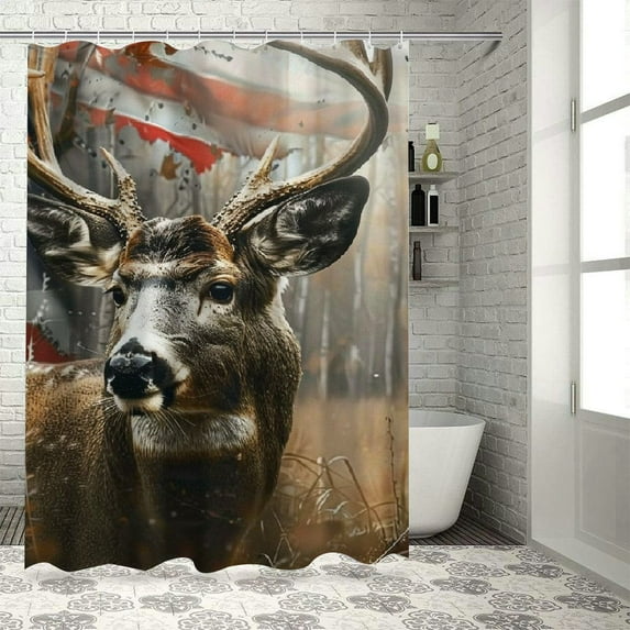Orinice Deer Flag Painting Bathroom Decor Set with Hooks Colorful Luxurious Graphic Print Polyester Fabric Shower Curtain for Home Bathrooms 36x72