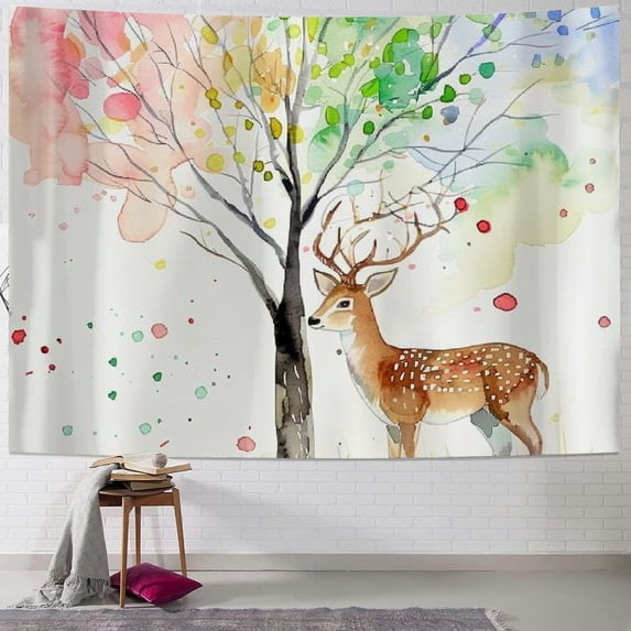 Orinice Deer Tree Watercolor Painting Tapestry Wall Hanging Unique Style Home Wall Decor Art Living Room Bedroom Dorm 40x30inch