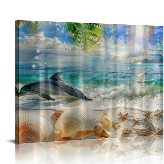 Orinice Dolphin Palm Tree Sea Shells Fine Art Aesthetic Poster & Print Wall Painting for Home and Office Decor 20x16in