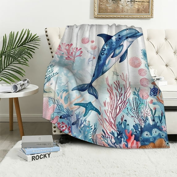 Orinice Dolphin Sea Animals Corals Warm Lightweight Blanket Soft Fleece Blankets 3 Sizes All Seasons Sofa Decor Gift 60x80in