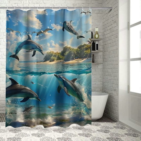 Orinice Dolphin Shower Curtain Sets with Non-Slip Rugs Bath U-Shaped Mat Toilet Lid Cover Blue Ocean Sky Tropical Beach PlAMTree Jummping Sea Animal Fish Summer Bathroom Shower Curtain with 60x72