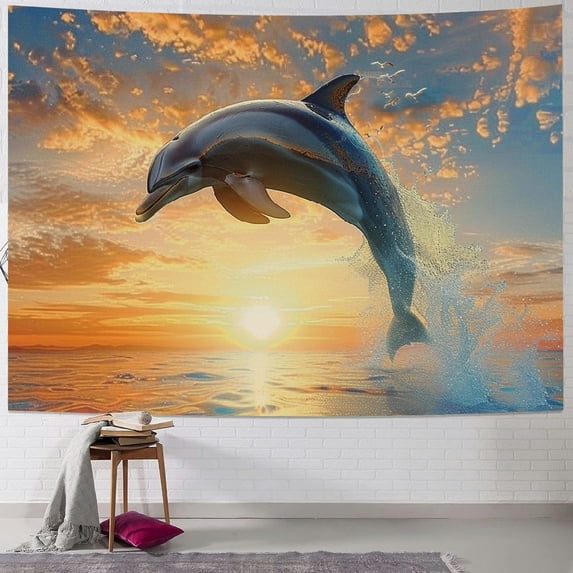 Orinice Dolphin Water Sunset Tapestry Wall Hanging Unique Style Graphic Tapestries Home Wall Decor Art for Living Room Bedroom Apartment Farmhouse Dorm 60x50inch
