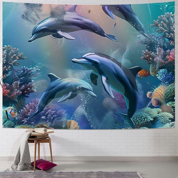 Orinice Dolphins Ocean Corals Tapestry Wall Hanging Unique Style Graphic Tapestries Home Wall Decor Art for Living Room Bedroom 50x40inch