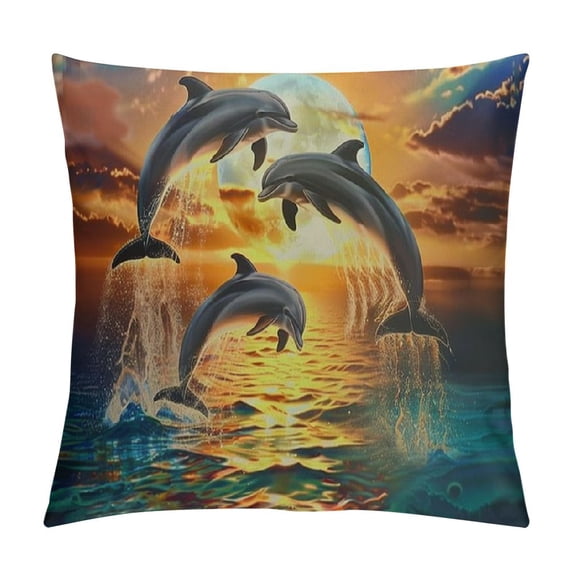 Orinice Dolphins Sunset Moon Graphic Decorative Throw Pillow Cover for Home Couch Living Room Bed Sofa - 1PC 24x24in