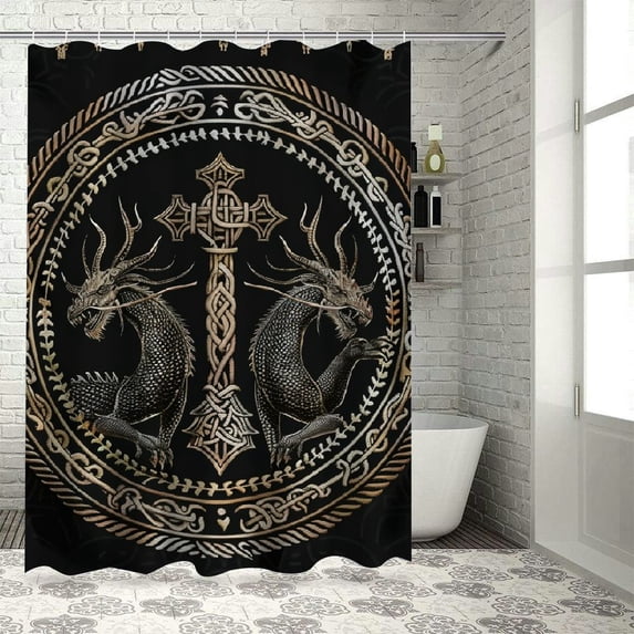 Orinice Dragon Crosses Black Background Bathroom Decor Set with Hooks - Colorful Luxurious Graphic Print Polyester Fabric Fashion Shower Curtain for Chic Modern Bathroom Decor 69x72