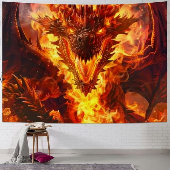 Orinice Dragon Flames Fantasy Art Tapestry Wall Hanging Unique Style Graphic Tapestries Home Wall Decor for Living Room Bedroom Apartment Farmhouse Dorm 60x50inch