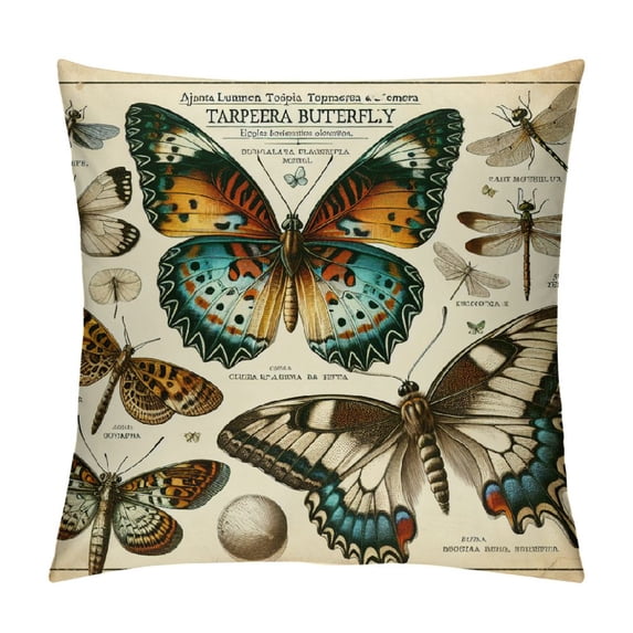 Orinice Dragonfly Throw Pillow Cushion Cover, Retro Style Butterflies with Flower Petals and Grunge Effects Art, Decorative Square Accent Pillow Case, Brown Caramel White