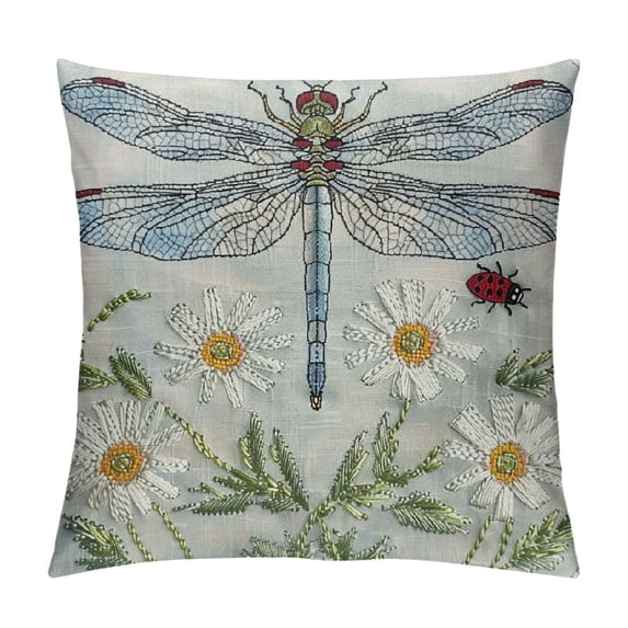 Orinice  Dragonfly Throw Pillow Cushion Cover, Vintage Retro Farm Life Inspired Moth with Daisies Lilies Leaves Image, Decorative Square Accent Pillow Case,  White