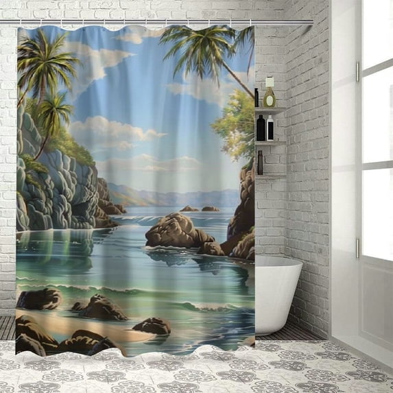 Orinice DunmaCoastal Palm Tree Shower Curtain Set Natural Ocean Tropical Landscape Bathroom Decor Sets with Rugs Bathroom Accessories Set Bathroom Curtain Shower Set with 12 Hooks 36x72