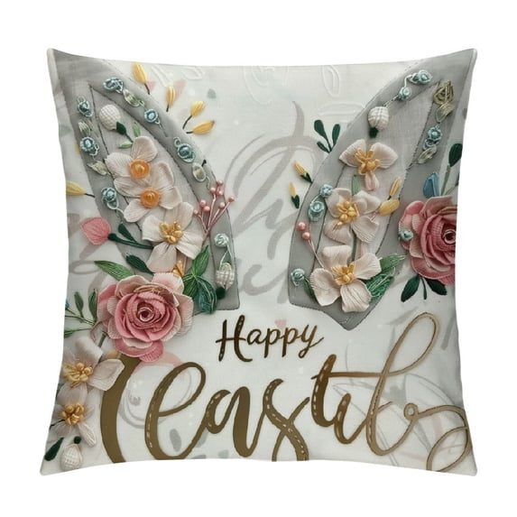 Orinice Easter Pillow Cover Rabbit Ears Floral Polka Dots Decorations Holiday Farmhouse Spring Pillow Case for Home Sofa Couch Decor White