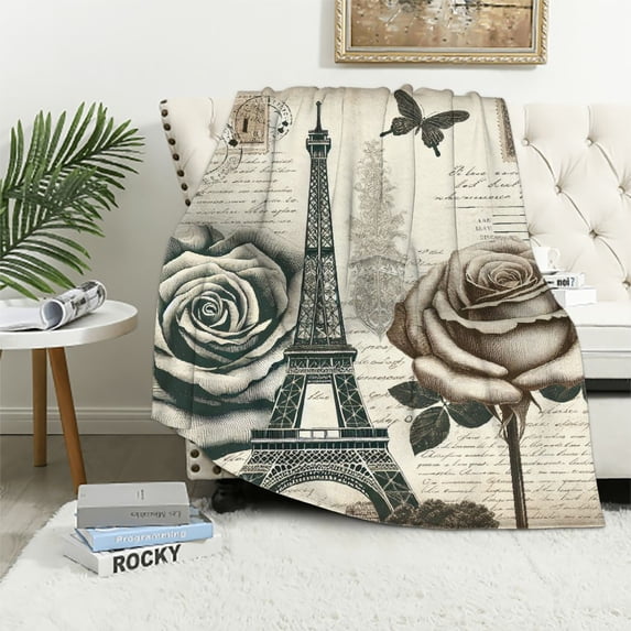 Orinice Eiffel Tower Rose Butterfly Warm Lightweight Blanket Soft Fleece Throw Blanket for All Seasons Living Rooms Sofa Decor Cow Gifts Blanket 50x60in