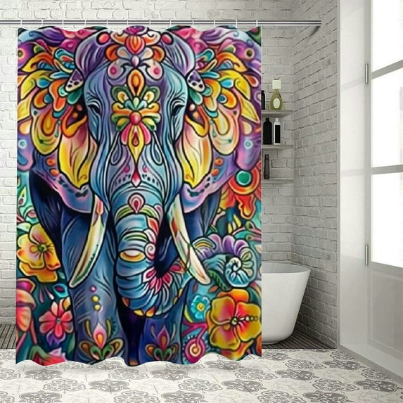 Orinice Elephant Shower Curtain Watercolor Elephant Flower Summer Shower Curtain Animal Art Print Waterproof Shower Curtain Large Elephant Shower Curtain Set with Hook Bathroom Decoration 69x72