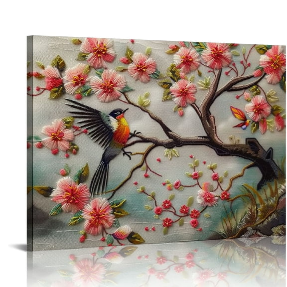 Orinice Embroidery Canvas Print Wall Art Home Decor Unique Gift Chinese Painting Cherry Flower Bird Spring Vitality Nature Inspired Art 16x12in