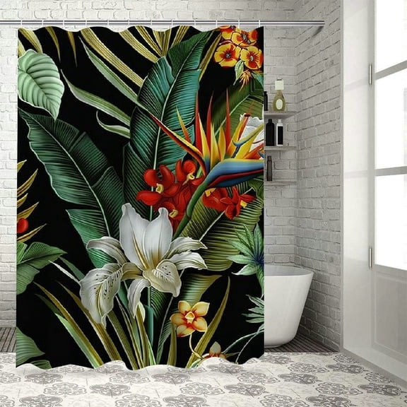 Orinice Fabric Bath Shower Curtain Garden Tropical Jungle Flowers Red Trendy Leaves Black Paradise Nature Design Bird Beach Hawaiian Shower Curtains for Bathroom with 12 Hooks, 69x72