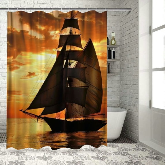 Orinice Fabric Shower Curtain,Nautical Sailboat Vintage Cruise Ship Sailing in The Ocean with Gold Sunset Polyester Designer Cloth, Print Decorative Bathroom Curtains Include Hooks Set( 36x72
