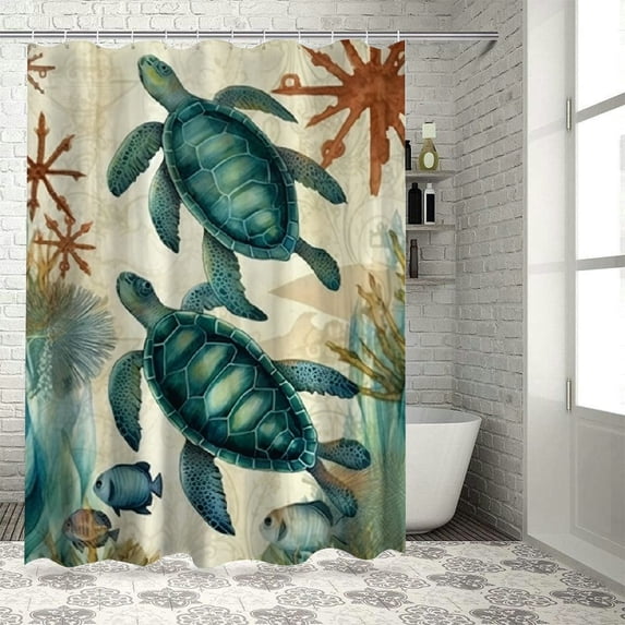 Orinice Fabric Shower Curtain,Sea Turtle Nautical Map Beach Theme Ocean Creature Landscape Coral Blue Teal Polyester Designer Cloth, Print Decorative Bathroom Curtains Include Hooks Set 36x72