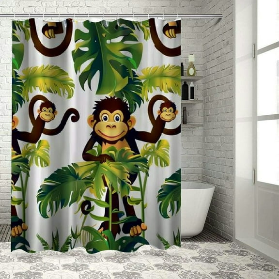 Orinice Fabric Shower Curtain,Tropical Jungle Animals Monkey Cartoon Forest Green Leaves Banana Tree Funny Polyester Designer Cloth, Print Decorative Bathroom Curtains Include Hooks Set 36x72