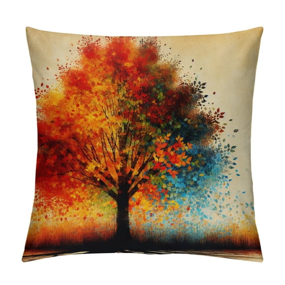Orinice Fall Throw Pillow Cushion Cover, Curvy Tree with Various Different Falling Leaves Cartoon Style Illustration, Decorative Square Accent Pillow Case, White