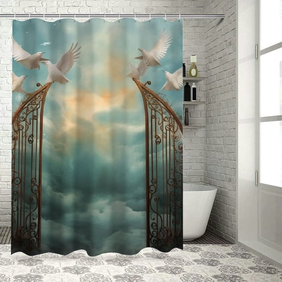 Orinice Fantasy Shower Curtain, Heaven Like Scene of an Old Gate Greenery Birds Stars and Misty Weather in The Sky Art Illustration, Cloth Fabric Bathroom Set with Hooks, 60x72
