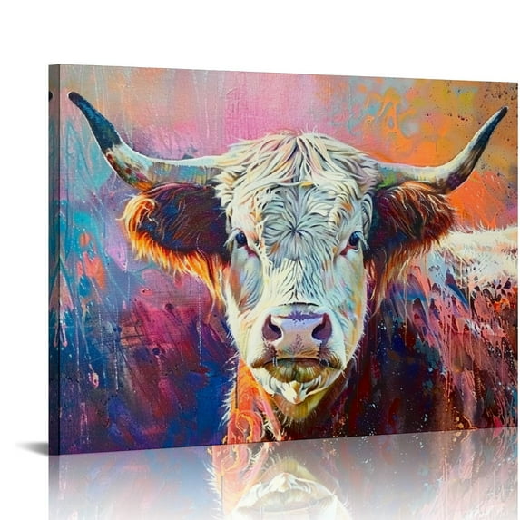 Orinice Farm Cow Canvas Wall Art Colorful Animal Graffiti Highland Cow Oil Painting Canvas Print Street Art Farmhouse Cattle Modern Artwork Living Bedroom Bathroom Home Office Decor 16x12in