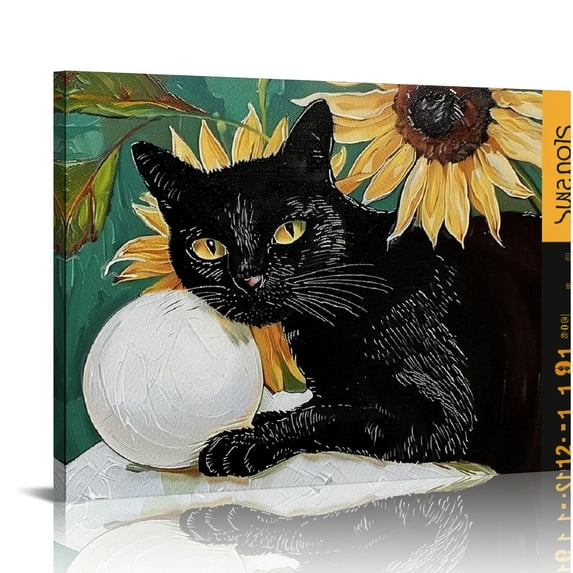 Orinice  Farmhouse Sunflower Wall Decor Vintage Sunflower Canvas Wall Art Black Cat Decor Print Artwork Cat Paintings Poster Aesthetic Room Decor for Bathroom Living   20x16in