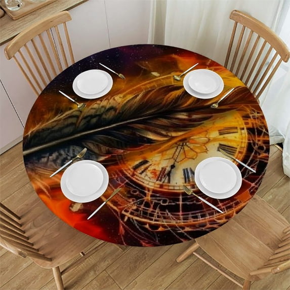 Orinice Feather Clock Fire Round Table Cover Stain Resistant Washable Indoor Outdoor Tablecloth Kitchen Dining Wedding Parties 100% Polyester Fiber 54-58