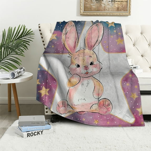 Orinice Feminine Soft Flannel Fleece Throw Blanket, Rabbit Bunny with Star Art for Birthday Celebrations Baby Shower Theme, Cozy Plush for Indoor and Outdoor Use, 50" x 70", Yellow Pink 60x80in