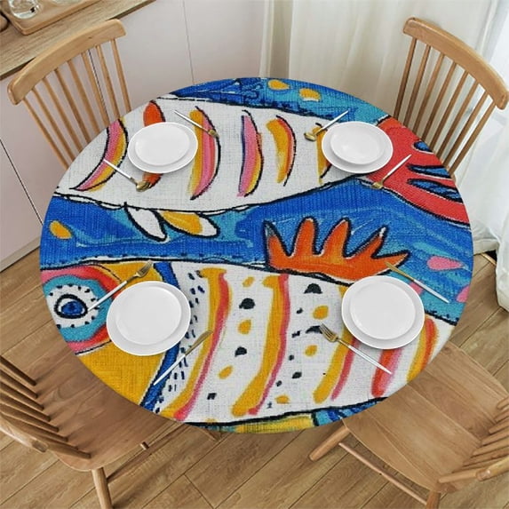 Orinice Fish Colorful Whimsical Round Table Cover Stain Resistant Washable Indoor Outdoor Tablecloth Kitchen Dining Wedding Parties Cloth 100% Polyester Fiber 31-35