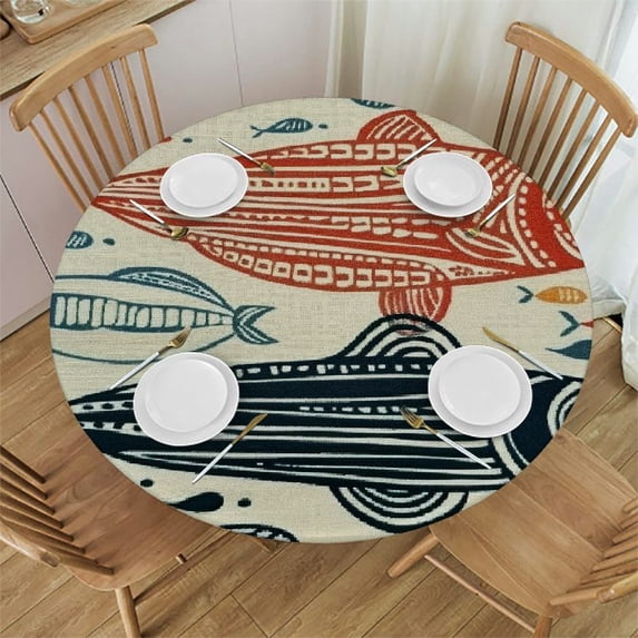 Orinice Fish Design Round Table Cover Stain Resistant Washable Indoor Outdoor Tablecloth Kitchen Dining Wedding Parties 100% Polyester Fiber 31-35