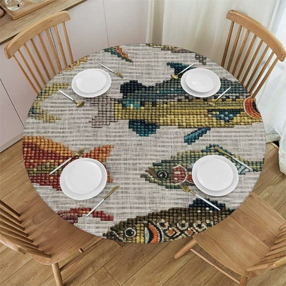 Orinice Fish Pattern Carpoforo Tencalla Folk Art Round Table Cover Stain Resistant Washable Indoor Outdoor Tablecloth Kitchen Dining Wedding Parties Elastic Edge 100% Polyester Fiber 42-46