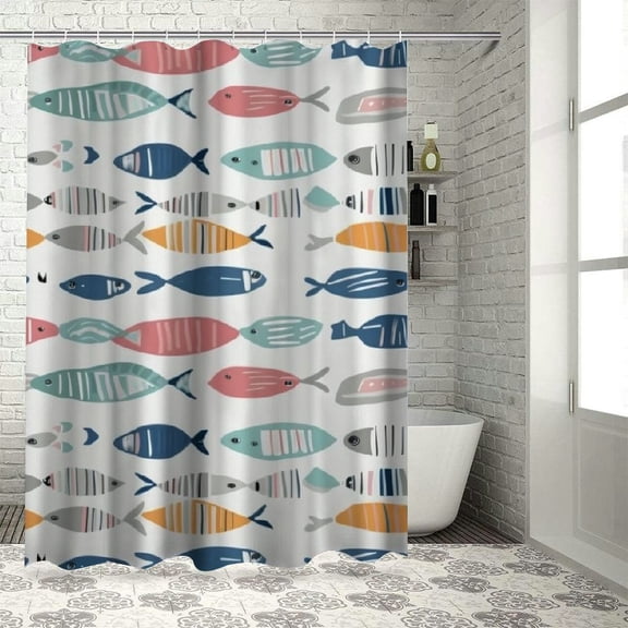 Orinice Fish Shower Curtain Nautical Beach Fishing Designer Boys Kids Teen Navy White Coastal Beachy Theme Ocean Sea Lake Blue Red Green Gray Yellow Home Bathroom Decor Bathtub Set, 60x72