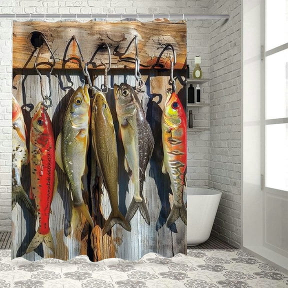 Orinice Fish Shower Curtain, Sets Bait Pattern on Rustic Boards Fishing Themed Photography, Cloth Fabric Bathroom Decor Set with Hooks, 69x72