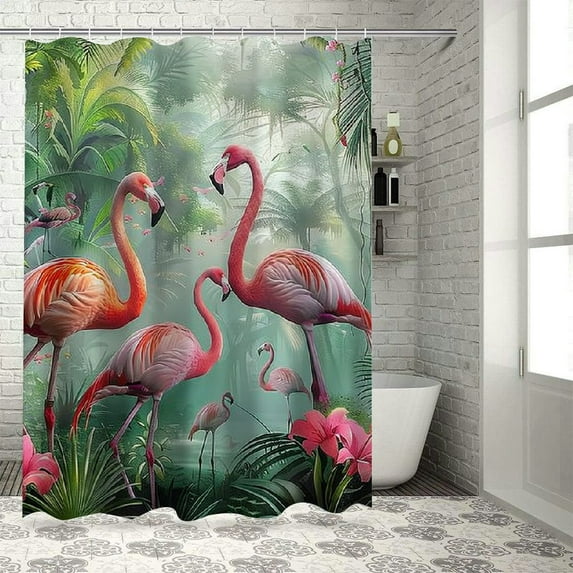 Orinice Flamingo Rainforest Shower Curtain Green Forest Tree Pink Floral Animal Jungle Tropical Plant Nature Summer Bathroom Decor Curtain with Hooks, 36x72