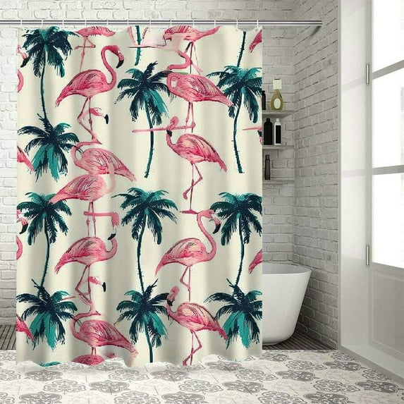 Orinice Flamingo Shower Curtain Illustration of Royal Flamingo Tropical Palms Paradise Bath Curtain Waterproof Polyester Fabric Bathroom Decor Set with Hooks 69x72